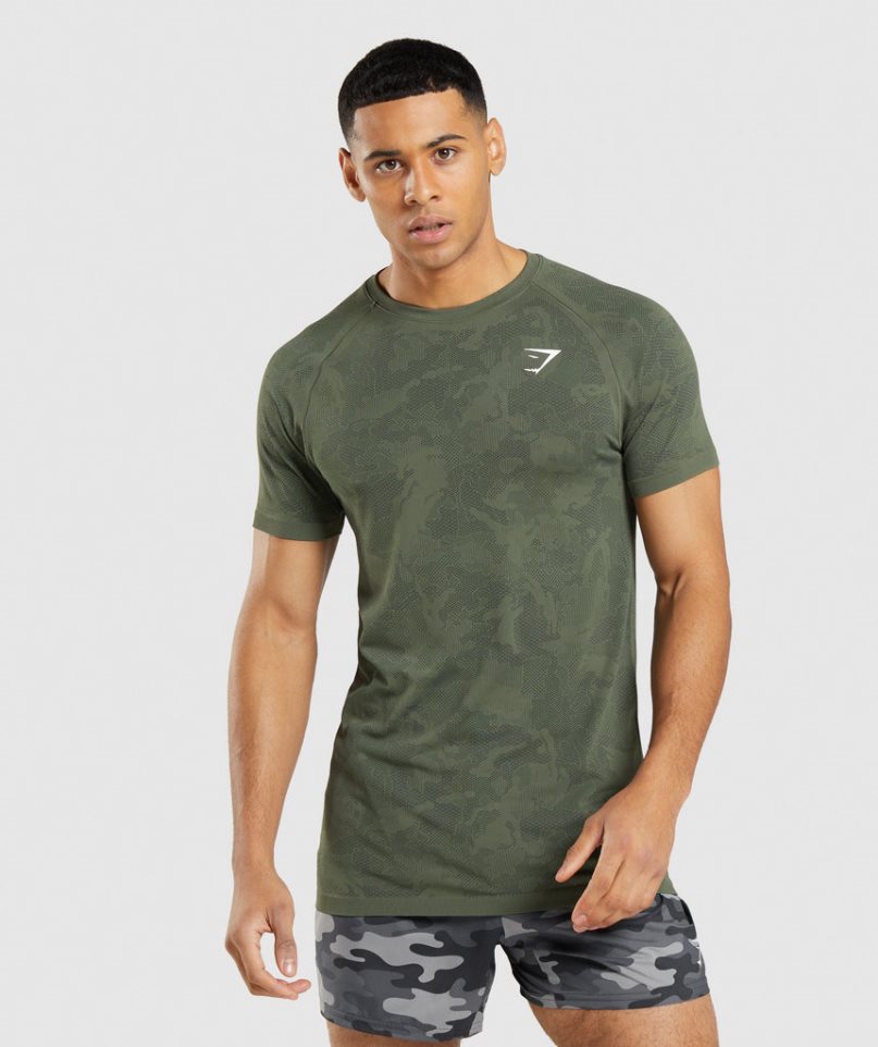 Men\'s Gymshark Geo Seamless T-Shirts Olive | NZ 3NHQJP